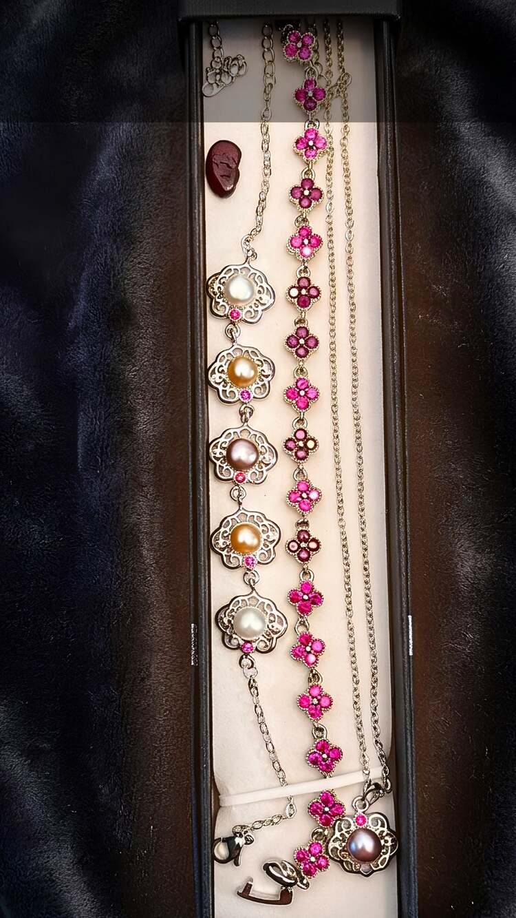 925 Sterling Silver Floral Jewelry Set with Multi-Color Pearls and Pink CZ Clove